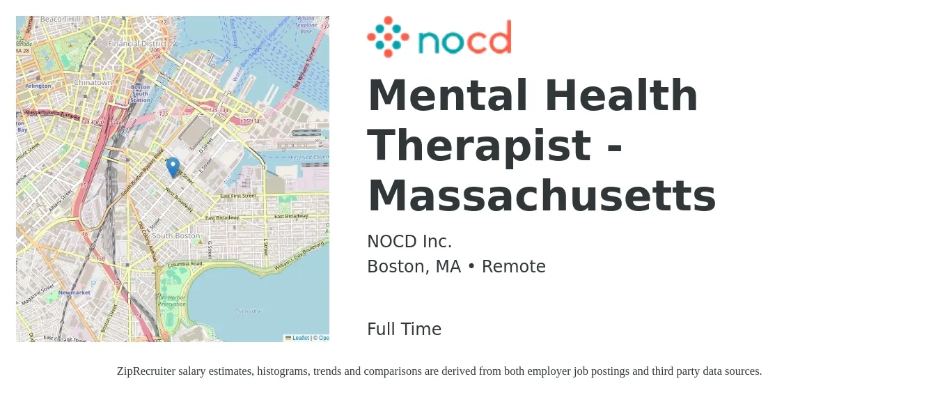 NOCD Inc. job posting for a Mental Health Therapist - Massachusetts in Boston, MA with a salary of $65,200 to $92,300 Yearly with a map of Boston location.