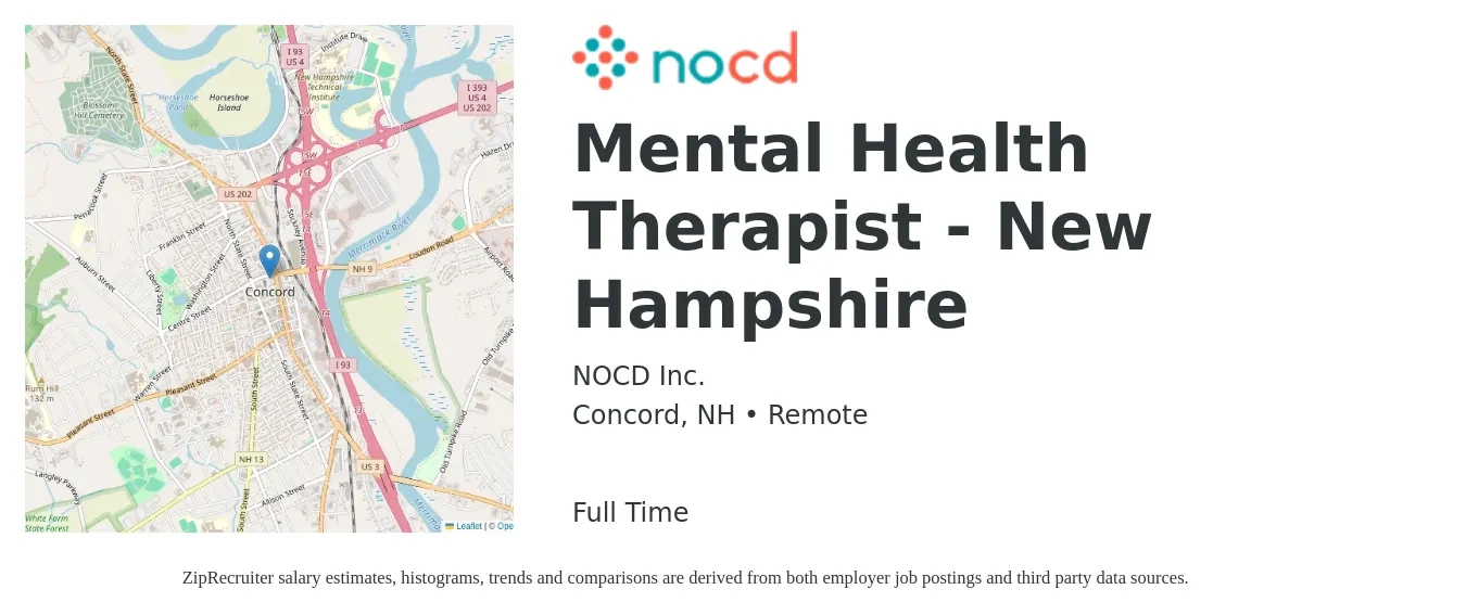NOCD Inc. job posting for a Mental Health Therapist - New Hampshire in Concord, NH with a salary of $60,400 to $85,600 Yearly with a map of Concord location.
