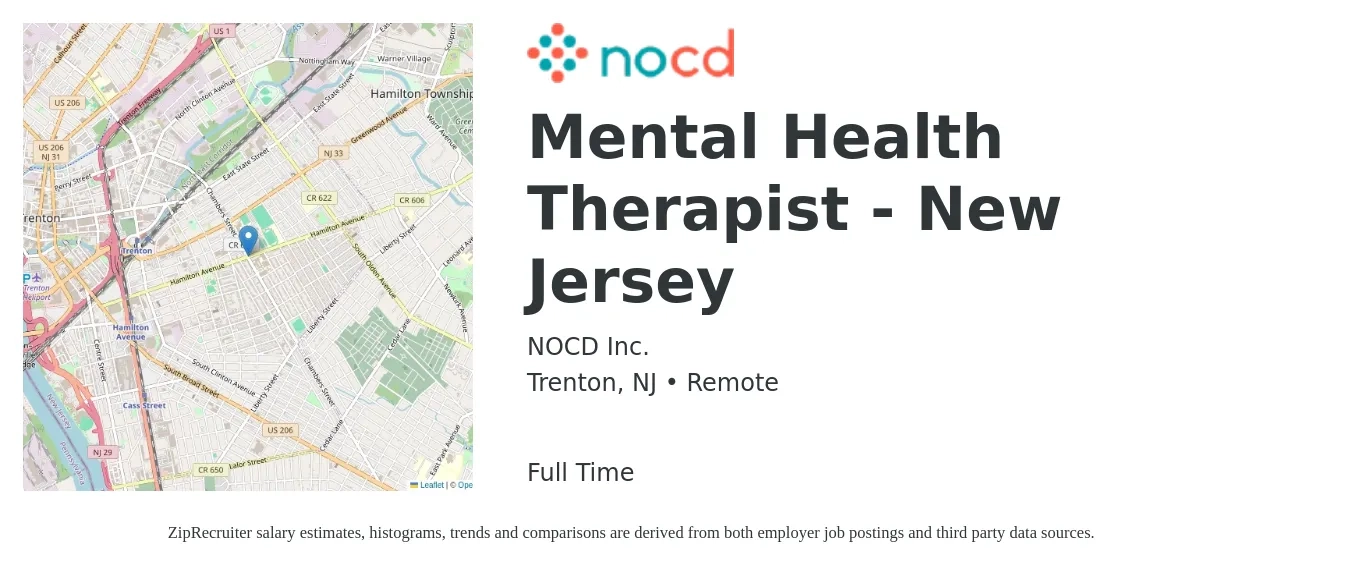 NOCD Inc. job posting for a Mental Health Therapist - New Jersey in Trenton, NJ with a salary of $60,200 to $85,200 Yearly with a map of Trenton location.