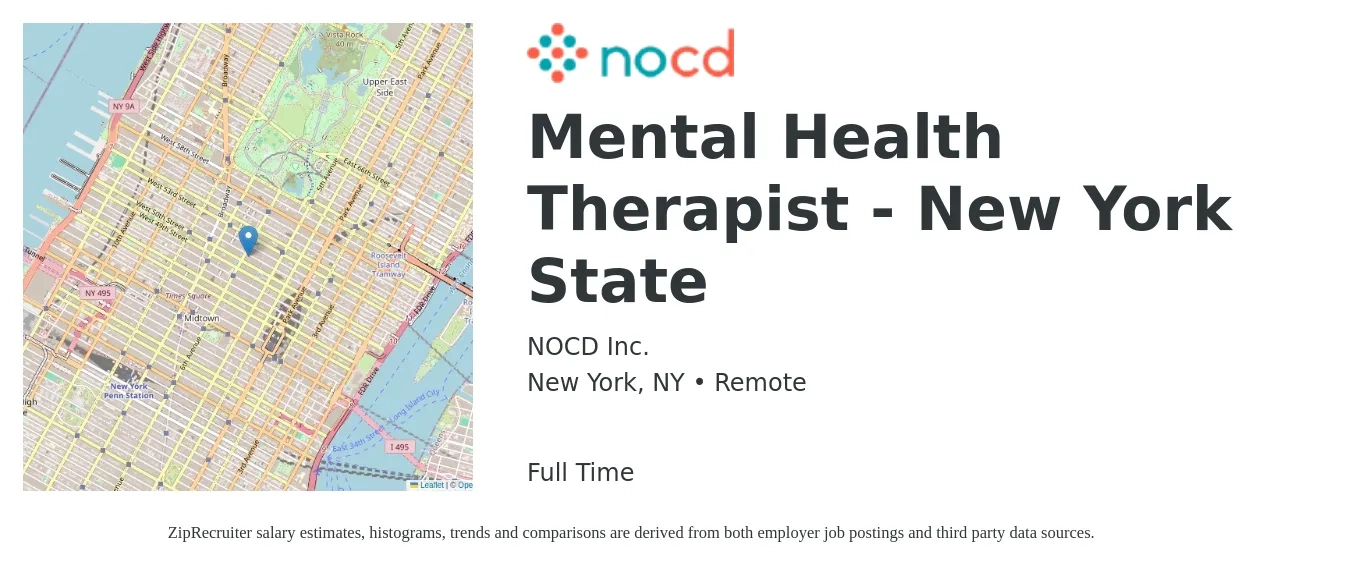 NOCD Inc. job posting for a Mental Health Therapist - New York State in New York, NY with a salary of $65,600 to $93,000 Yearly with a map of New York location.