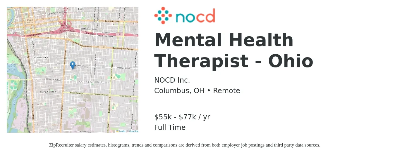 NOCD Inc. job posting for a Mental Health Therapist - Ohio in Columbus, OH with a salary of $55,000 to $77,000 Yearly with a map of Columbus location.