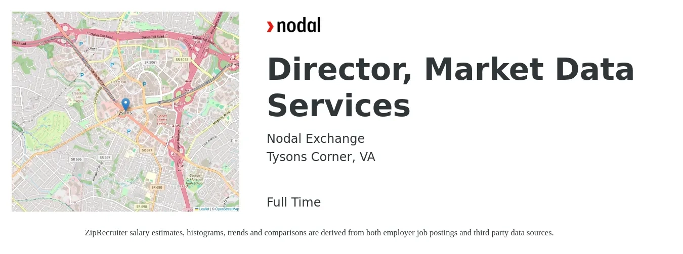 Nodal Exchange job posting for a Director, Market Data Services in Tysons Corner, VA with a salary of $110,700 to $190,700 Yearly with a map of Tysons Corner location.