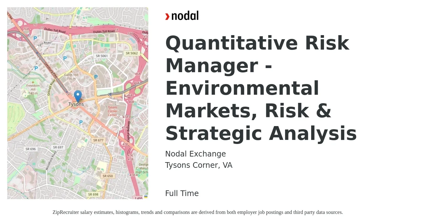 Nodal Exchange job posting for a Quantitative Risk Manager - Environmental Markets, Risk & Strategic Analysis in Tysons Corner, VA with a salary of $90,600 to $129,800 Yearly with a map of Tysons Corner location.