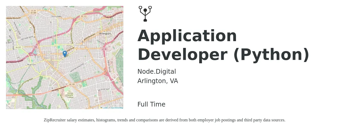 Node.Digital job posting for a Application Developer (Python) in Arlington, VA with a salary of $50 to $72 Hourly with a map of Arlington location.