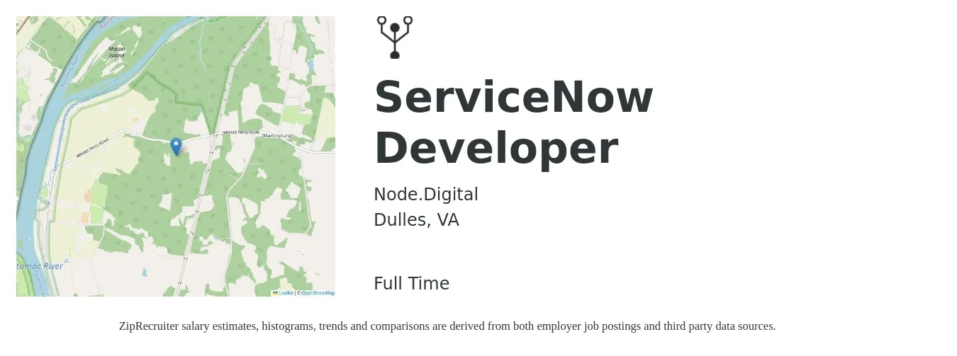 Node.Digital job posting for a ServiceNow Developer in Dulles, VA with a salary of $54 to $74 Hourly with a map of Dulles location.
