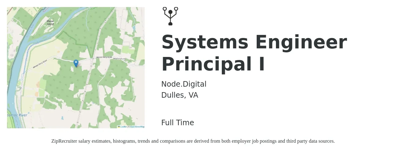 Node.Digital job posting for a Systems Engineer Principal I in Dulles, VA with a salary of $118,800 to $173,200 Yearly with a map of Dulles location.