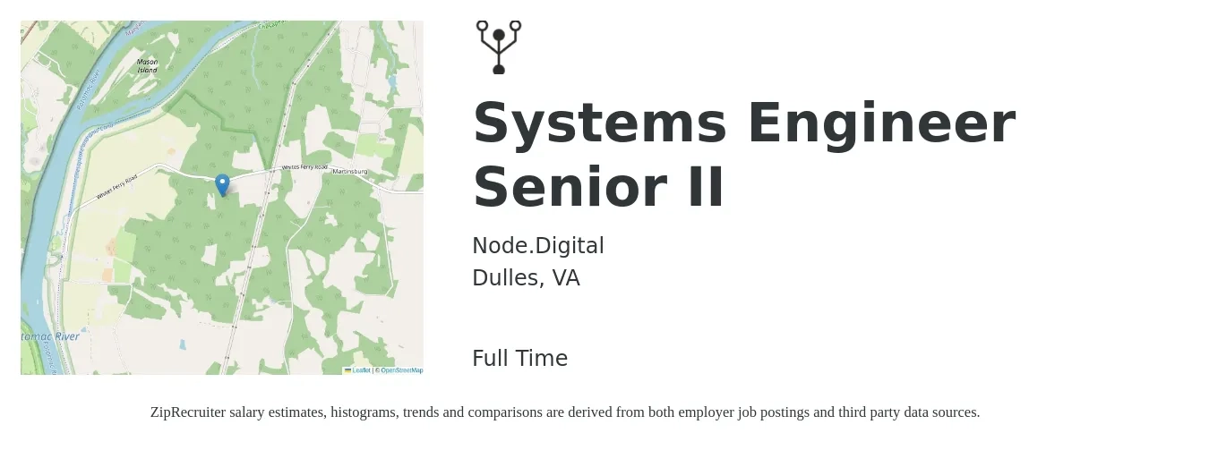 Node.Digital job posting for a Systems Engineer Senior II in Dulles, VA with a salary of $103,400 to $141,500 Yearly with a map of Dulles location.