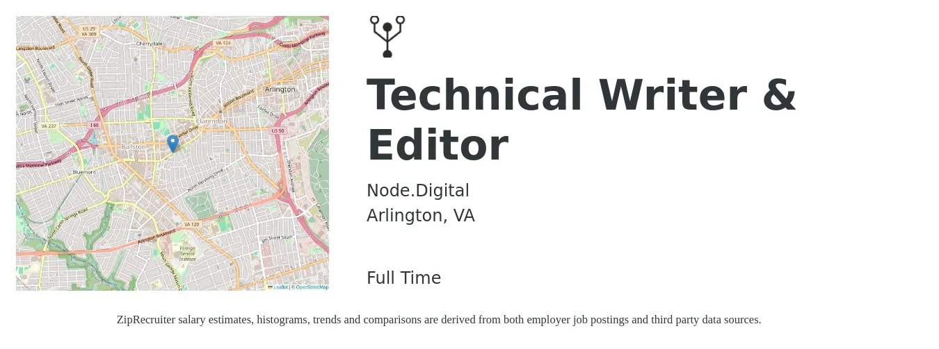 Node.Digital job posting for a Technical Writer & Editor in Arlington, VA with a salary of $34 to $56 Hourly with a map of Arlington location.