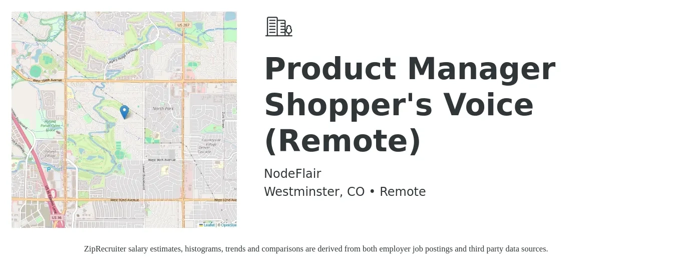 NodeFlair job posting for a Product Manager Shopper's Voice (Remote) in Westminster, CO with a salary of $142,300 to $198,800 Yearly with a map of Westminster location.