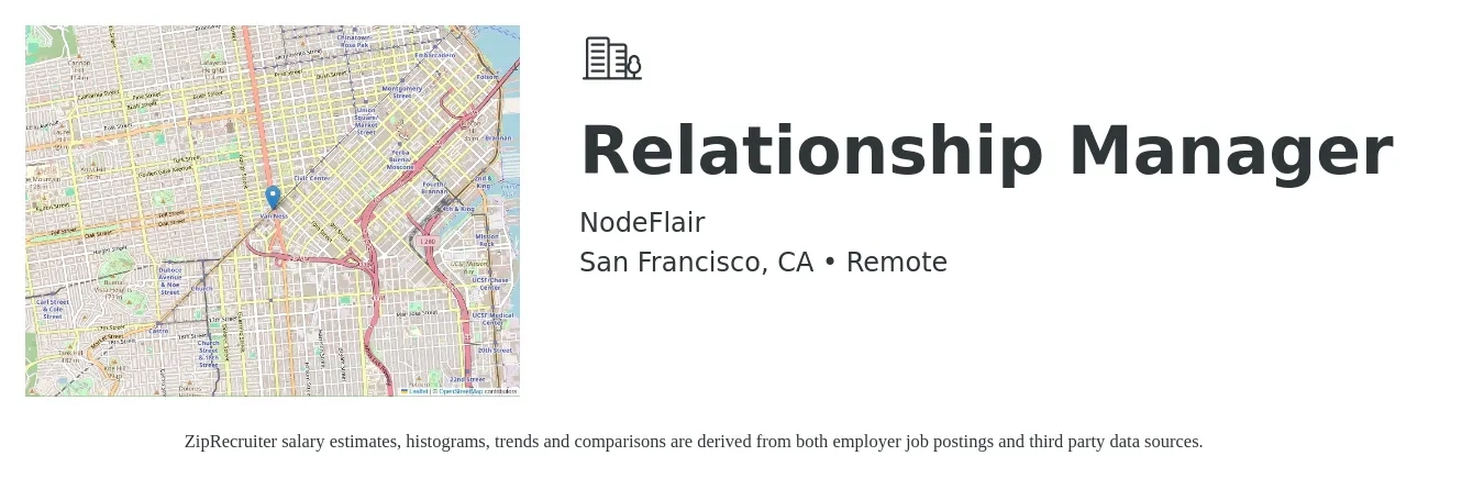 NodeFlair job posting for a Relationship Manager in San Francisco, CA with a salary of $59,500 to $124,300 Yearly with a map of San Francisco location.