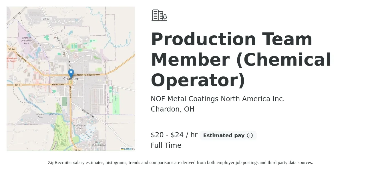 NOF Metal Coatings North America Inc. job posting for a Production Team Member (Chemical Operator) in Chardon, OH with a salary of $22 to $25 Hourly with a map of Chardon location.