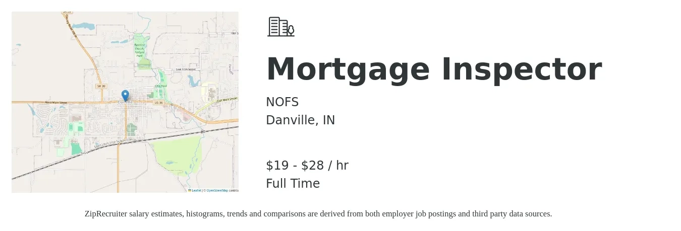 NOFS job posting for a Mortgage Inspector in Danville, IN with a salary of $20 to $30 Hourly with a map of Danville location.