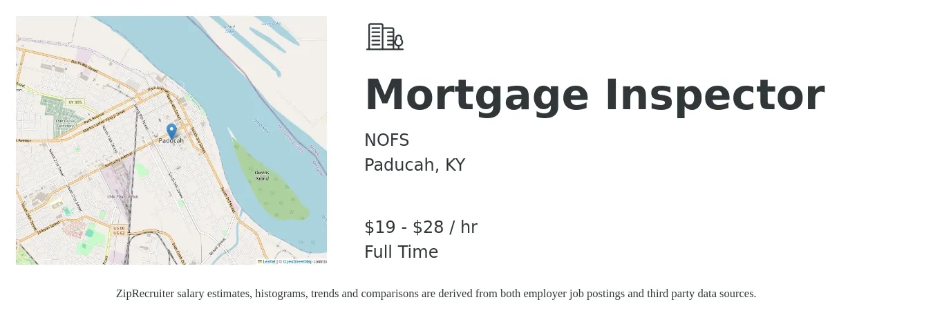 NOFS job posting for a Mortgage Inspector in Paducah, KY with a salary of $20 to $30 Hourly with a map of Paducah location.