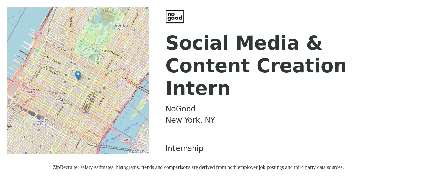 NoGood job posting for a Social Media & Content Creation Intern in New York, NY with a salary of $16 Hourly with a map of New York location.