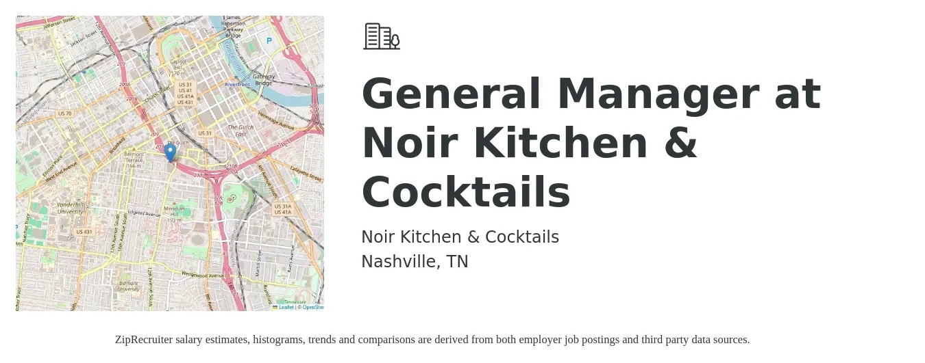 Noir Kitchen & Cocktails job posting for a General Manager at Noir Kitchen & Cocktails in Nashville, TN with a map of Nashville location.