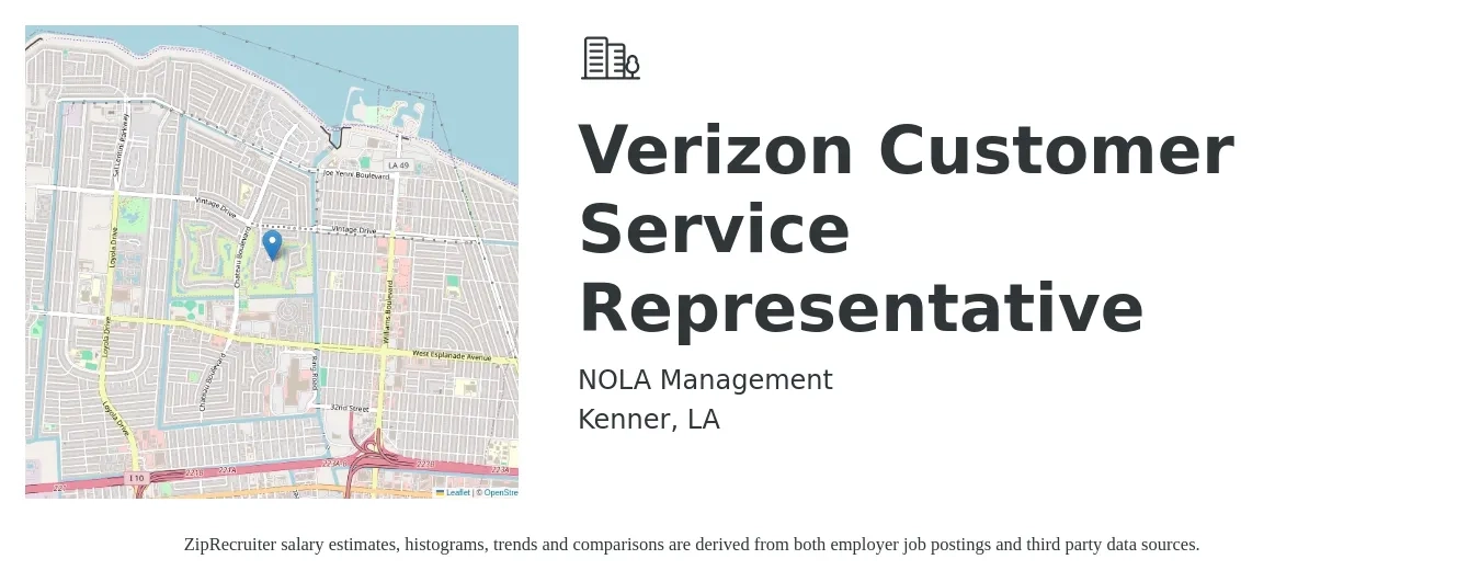 NOLA Management job posting for a Verizon Customer Service Representative in Kenner, LA with a salary of $13 to $18 Hourly with a map of Kenner location.