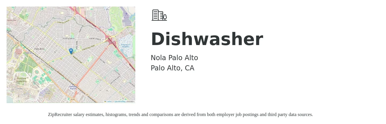 Nola Palo Alto job posting for a Dishwasher in Palo Alto, CA with a salary of $15 to $20 Hourly with a map of Palo Alto location.