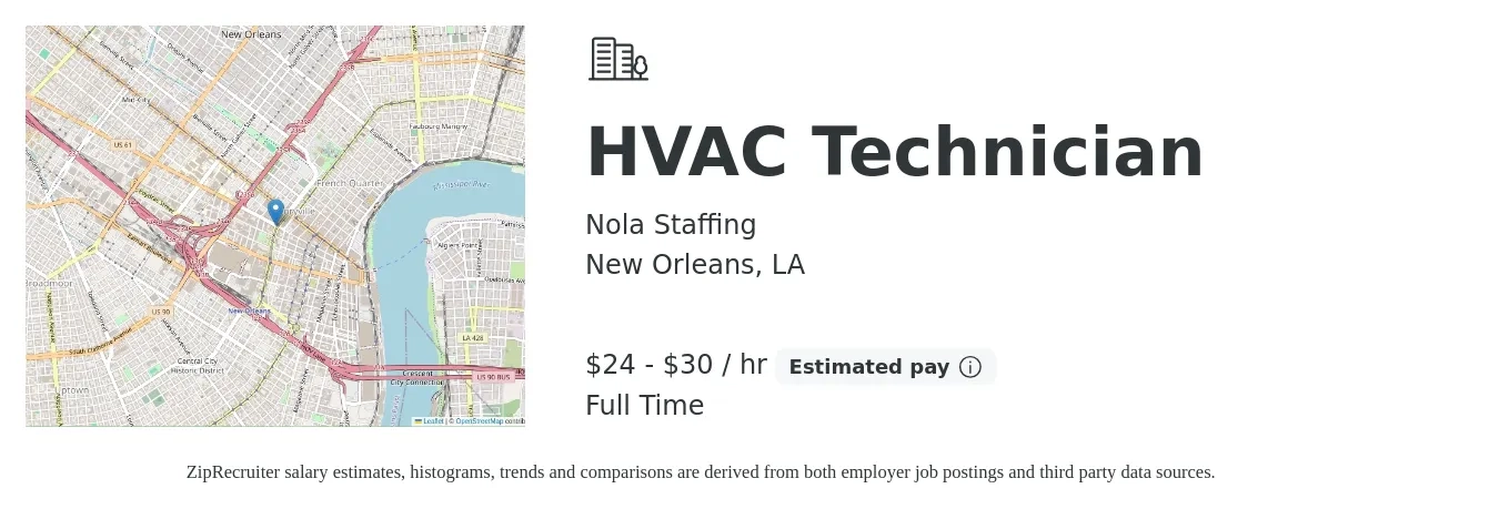 Nola Staffing job posting for a HVAC Technician in New Orleans, LA with a salary of $25 to $32 Hourly with a map of New Orleans location.