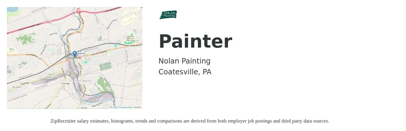 Nolan Painting job posting for a Painter in Coatesville, PA with a salary of $20 to $23 Hourly with a map of Coatesville location.