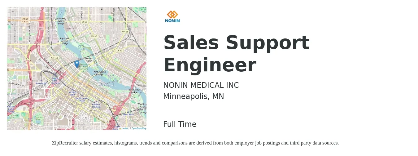 NONIN MEDICAL INC job posting for a Sales Support Engineer in Minneapolis, MN with a salary of $61,100 to $109,100 Yearly with a map of Minneapolis location.