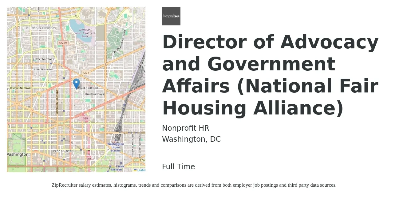 Nonprofit HR job posting for a Director of Advocacy and Government Affairs (National Fair Housing Alliance) in Washington, DC with a salary of $124,100 to $173,200 Yearly with a map of Washington location.