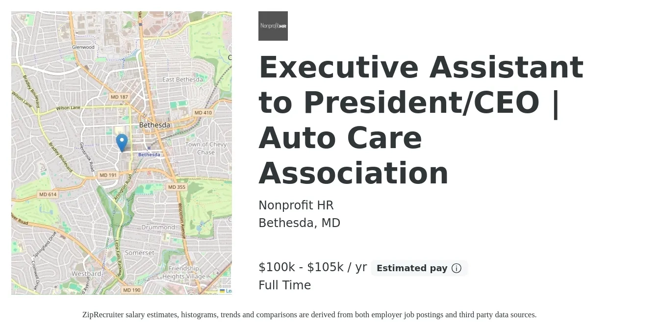 Nonprofit HR job posting for a Executive Assistant to President/CEO | Auto Care Association in Bethesda, MD with a salary of $100,000 to $105,000 Yearly with a map of Bethesda location.