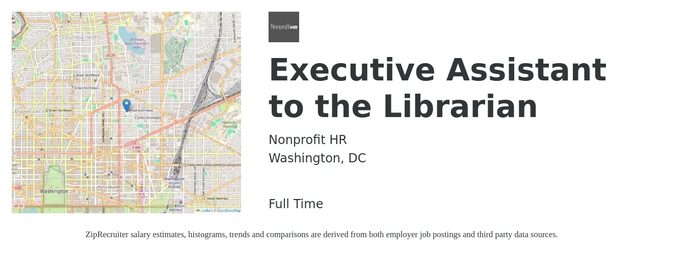 Nonprofit HR job posting for a Executive Assistant to the Librarian in Washington, DC with a salary of $68,000 to $72,000 Yearly with a map of Washington location.