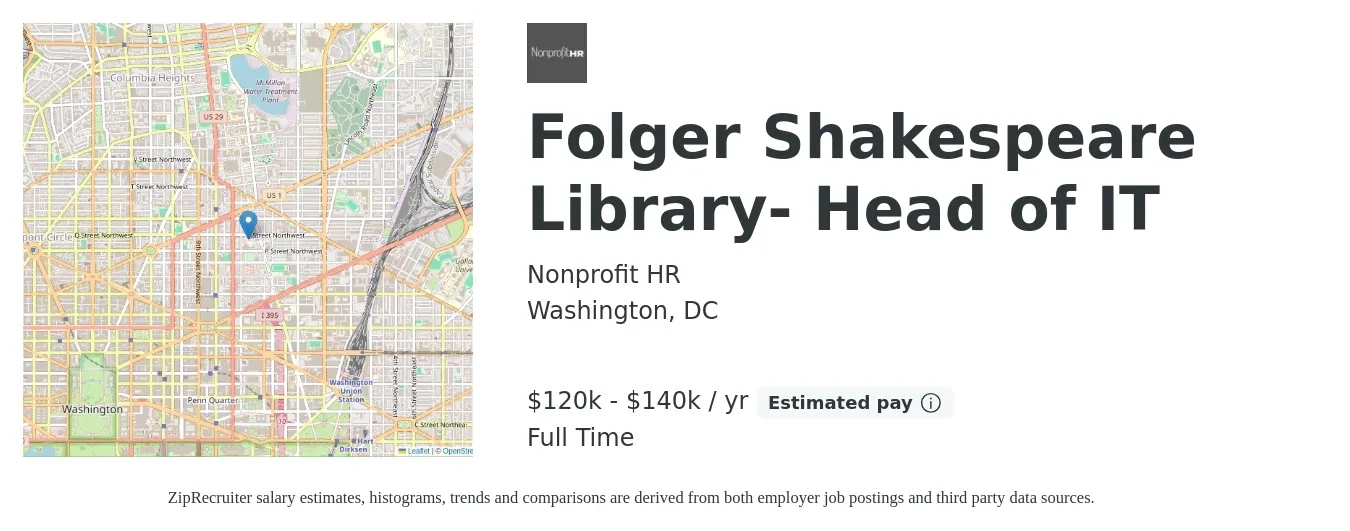 Nonprofit HR job posting for a Folger Shakespeare Library- Head of IT in Washington, DC with a salary of $120,000 to $140,000 Yearly with a map of Washington location.