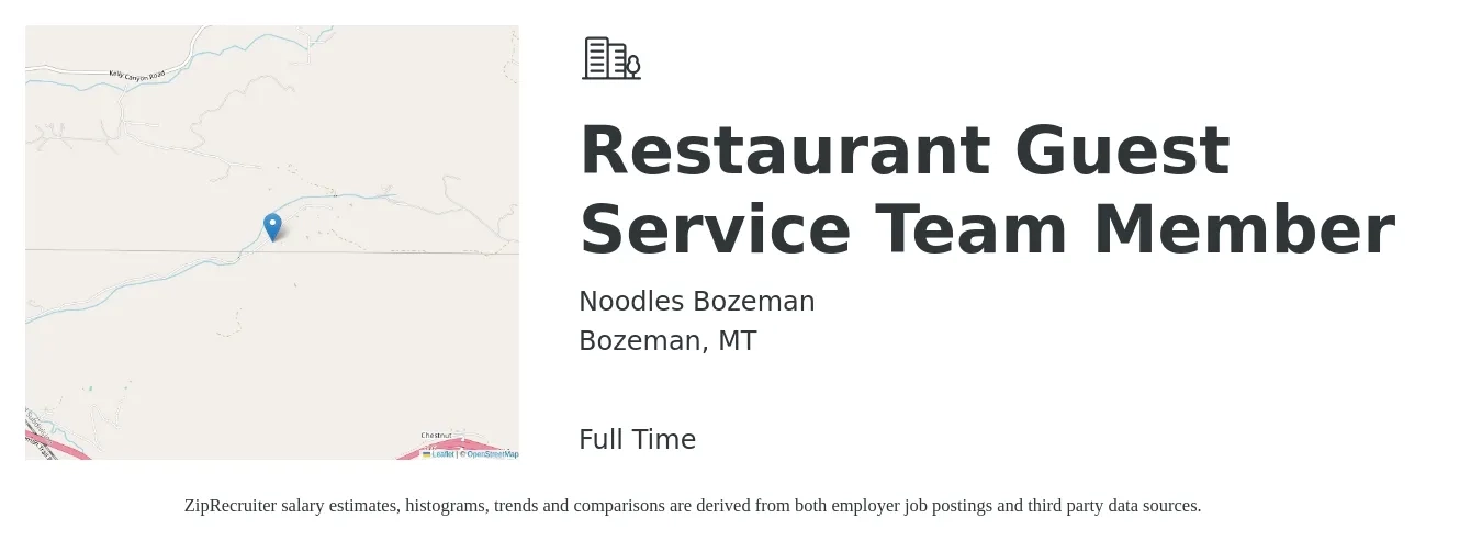 Noodles Bozeman job posting for a Restaurant Guest Service Team Member in Bozeman, MT with a salary of $12 to $16 Hourly with a map of Bozeman location.