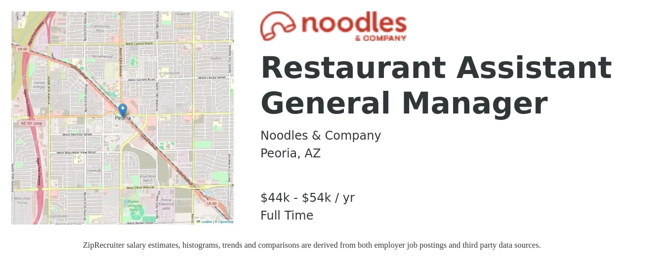 Noodles & Company job posting for a Restaurant Assistant General Manager in Peoria, AZ with a salary of $44,000 to $54,000 Yearly with a map of Peoria location.
