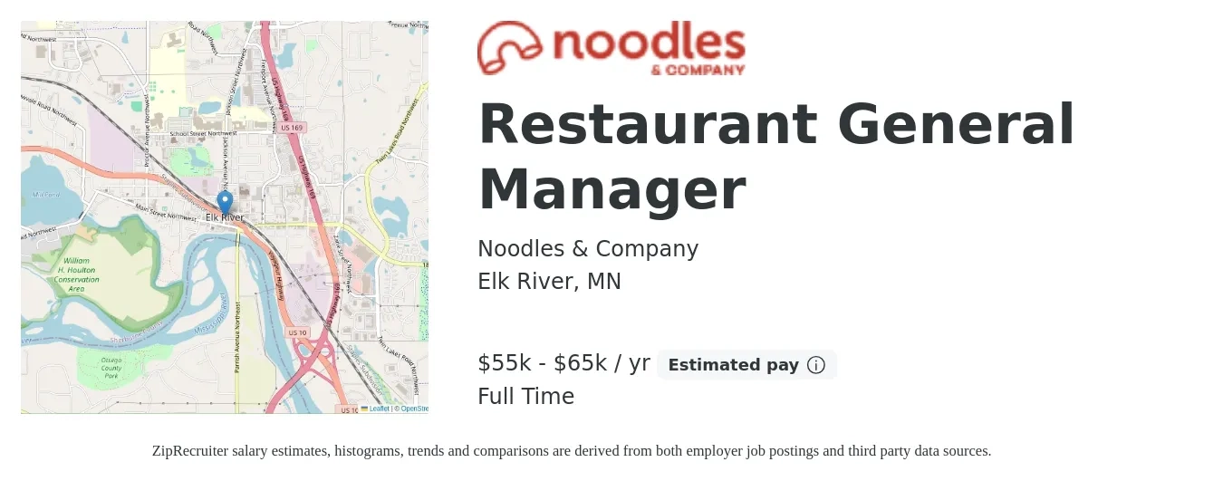 Noodles & Company job posting for a Restaurant General Manager in Elk River, MN with a salary of $55,000 to $65,000 Yearly with a map of Elk River location.