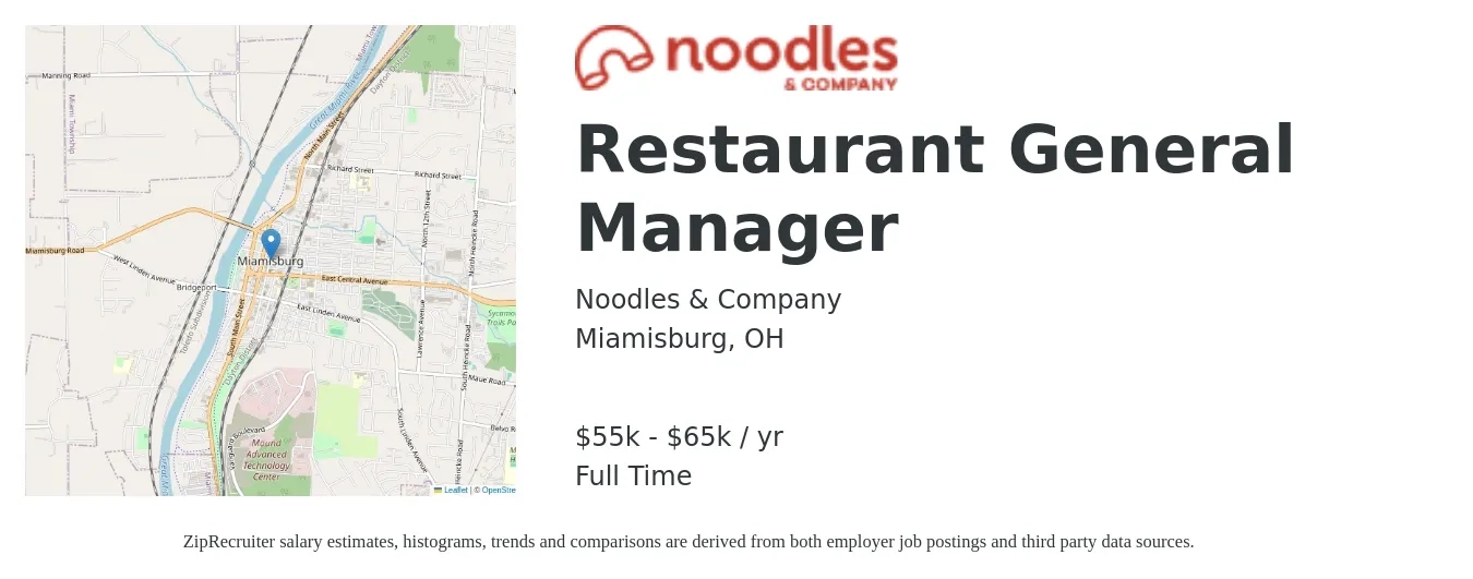 Noodles & Company job posting for a Restaurant General Manager in Miamisburg, OH with a salary of $55,000 to $65,000 Yearly with a map of Miamisburg location.