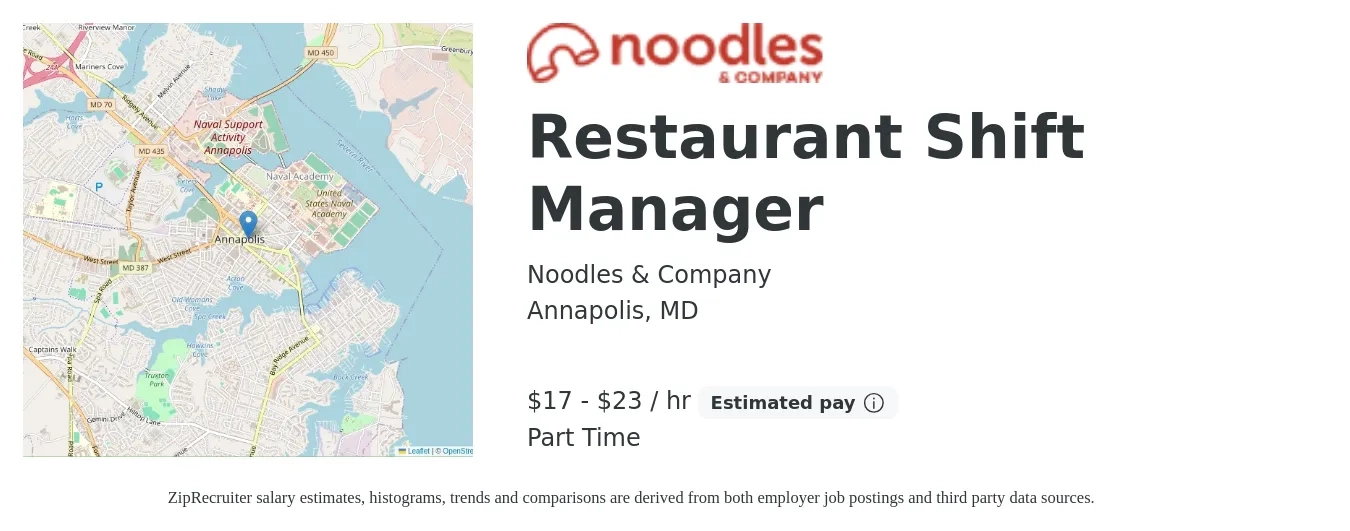 Noodles & Company job posting for a Restaurant Shift Manager in Annapolis, MD with a salary of $18 to $24 Hourly with a map of Annapolis location.