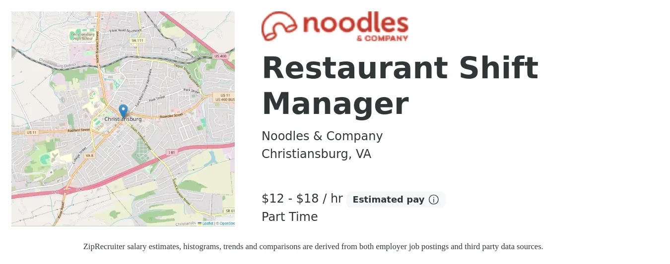 Noodles & Company job posting for a Restaurant Shift Manager in Christiansburg, VA with a salary of $12 to $19 Hourly with a map of Christiansburg location.