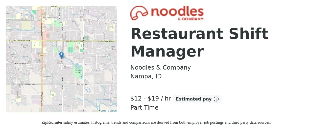 Noodles & Company job posting for a Restaurant Shift Manager in Nampa, ID with a salary of $14 to $20 Hourly with a map of Nampa location.