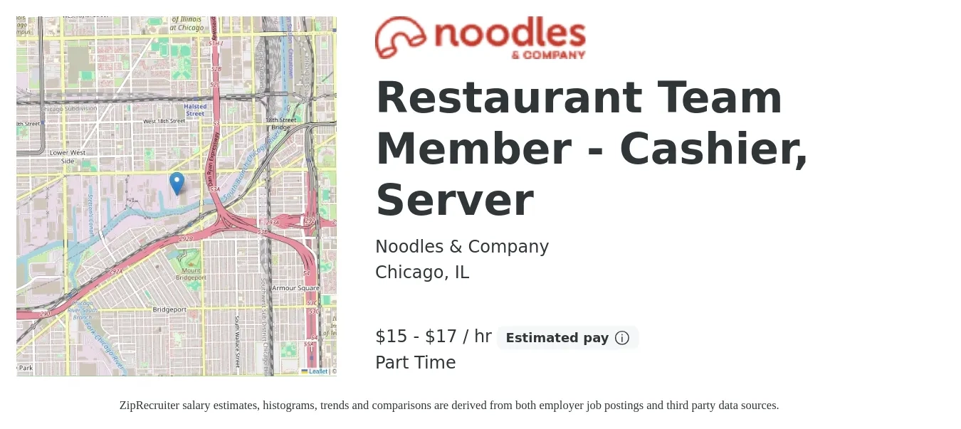 Noodles & Company job posting for a Restaurant Team Member - Cashier, Server in Chicago, IL with a salary of $16 to $18 Hourly with a map of Chicago location.