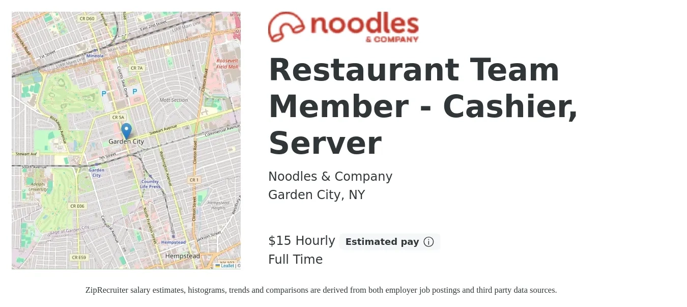 Noodles & Company job posting for a Restaurant Team Member - Cashier, Server in Garden City, NY with a salary of $16 to $20 Hourly with a map of Garden City location.