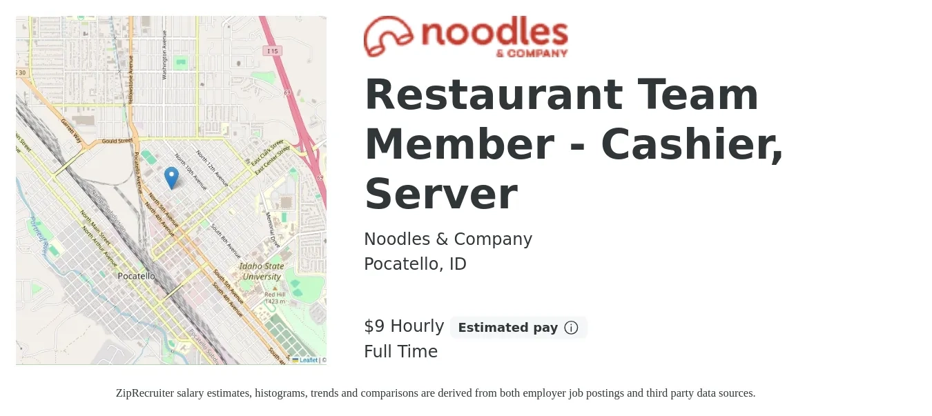 Noodles & Company job posting for a Restaurant Team Member - Cashier, Server in Pocatello, ID with a salary of $10 to $16 Hourly with a map of Pocatello location.