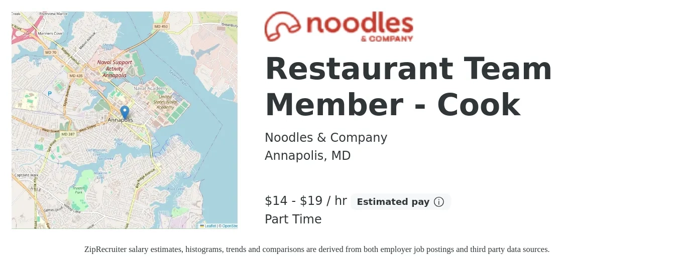 Noodles & Company job posting for a Restaurant Team Member - Cook in Annapolis, MD with a salary of $14 to $20 Hourly with a map of Annapolis location.