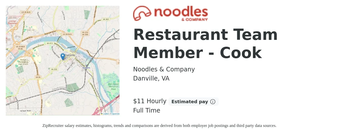 Noodles & Company job posting for a Restaurant Team Member - Cook in Danville, VA with a salary of $10 to $16 Hourly with a map of Danville location.