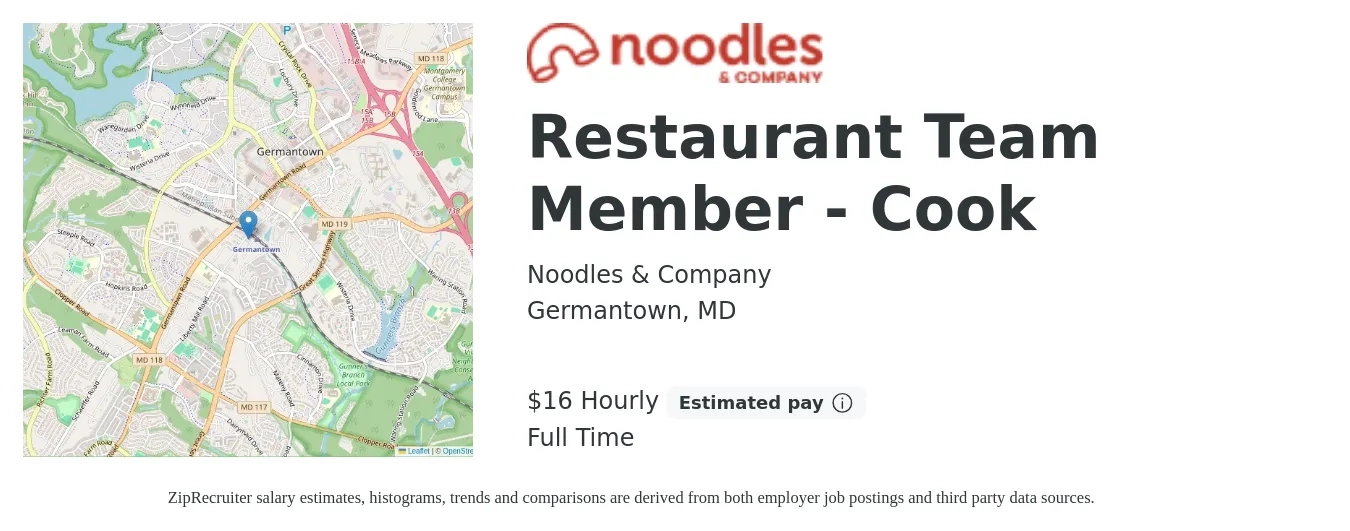 Noodles & Company job posting for a Restaurant Team Member - Cook in Germantown, MD with a salary of $14 to $20 Hourly with a map of Germantown location.