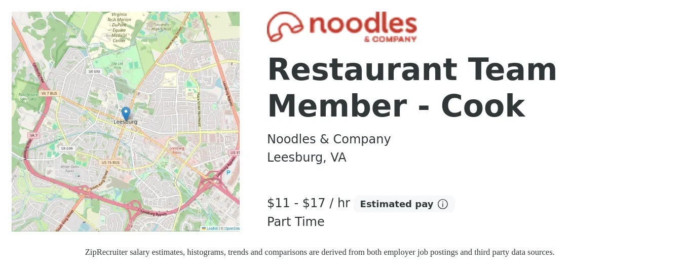 Noodles & Company job posting for a Restaurant Team Member - Cook in Leesburg, VA with a salary of $12 to $18 Hourly with a map of Leesburg location.