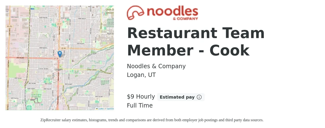 Noodles & Company job posting for a Restaurant Team Member - Cook in Logan, UT with a salary of $10 to $16 Hourly with a map of Logan location.
