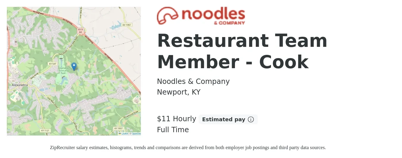 Noodles & Company job posting for a Restaurant Team Member - Cook in Newport, KY with a salary of $12 to $17 Hourly with a map of Newport location.