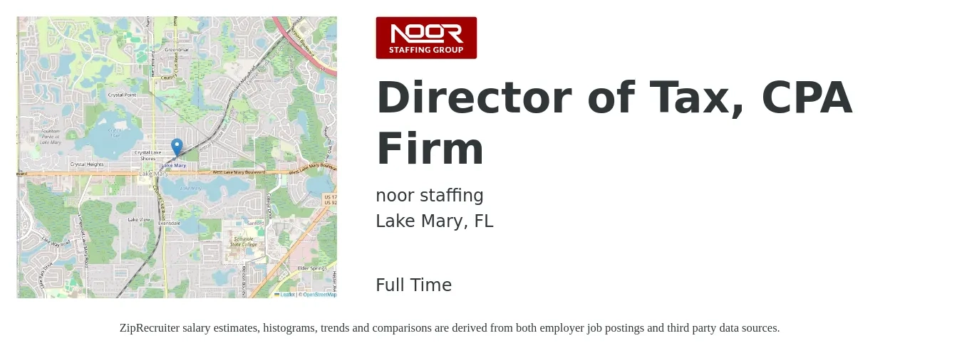 noor staffing job posting for a Director of Tax, CPA Firm in Lake Mary, FL with a salary of $137,700 to $193,700 Yearly with a map of Lake Mary location.