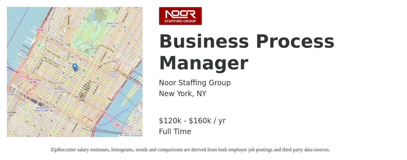 Noor Staffing Group job posting for a Business Process Manager in New York, NY with a salary of $120,000 to $160,000 Yearly with a map of New York location.