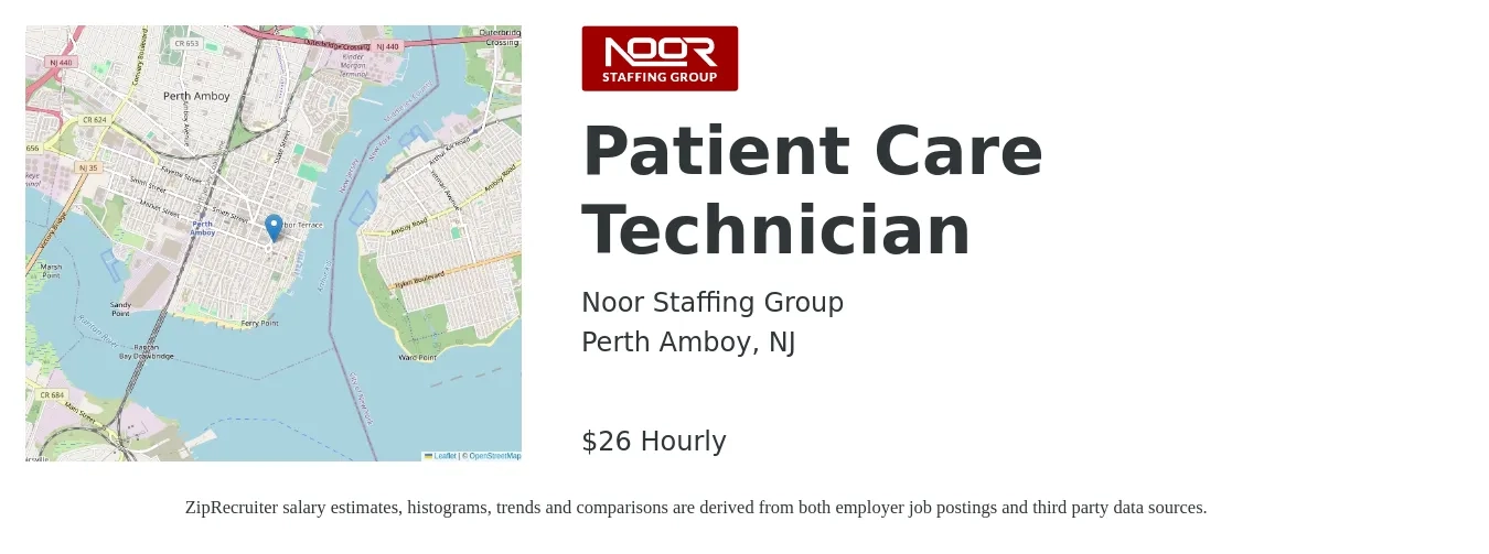 Noor Staffing Group job posting for a Patient Care Technician in Perth Amboy, NJ with a salary of $28 Hourly with a map of Perth Amboy location.