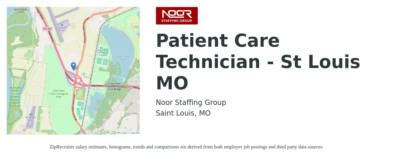 Noor Staffing Group job posting for a Patient Care Technician - St Louis MO in Saint Louis, MO with a salary of $15 to $18 Hourly with a map of Saint Louis location.