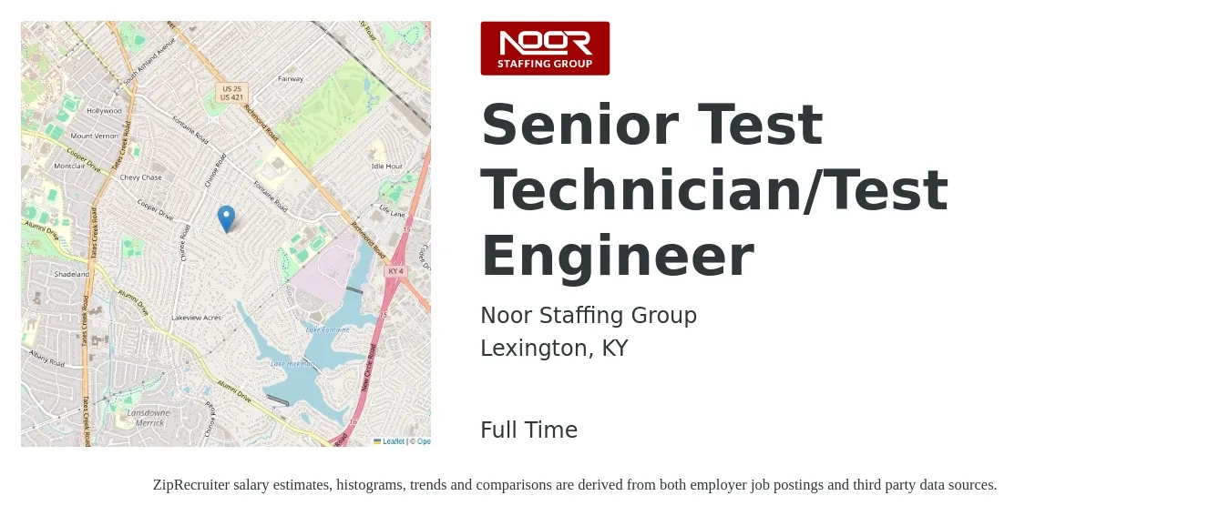 Noor Staffing Group job posting for a Senior Test Technician/Test Engineer in Lexington, KY with a salary of $85,400 to $119,500 Yearly with a map of Lexington location.