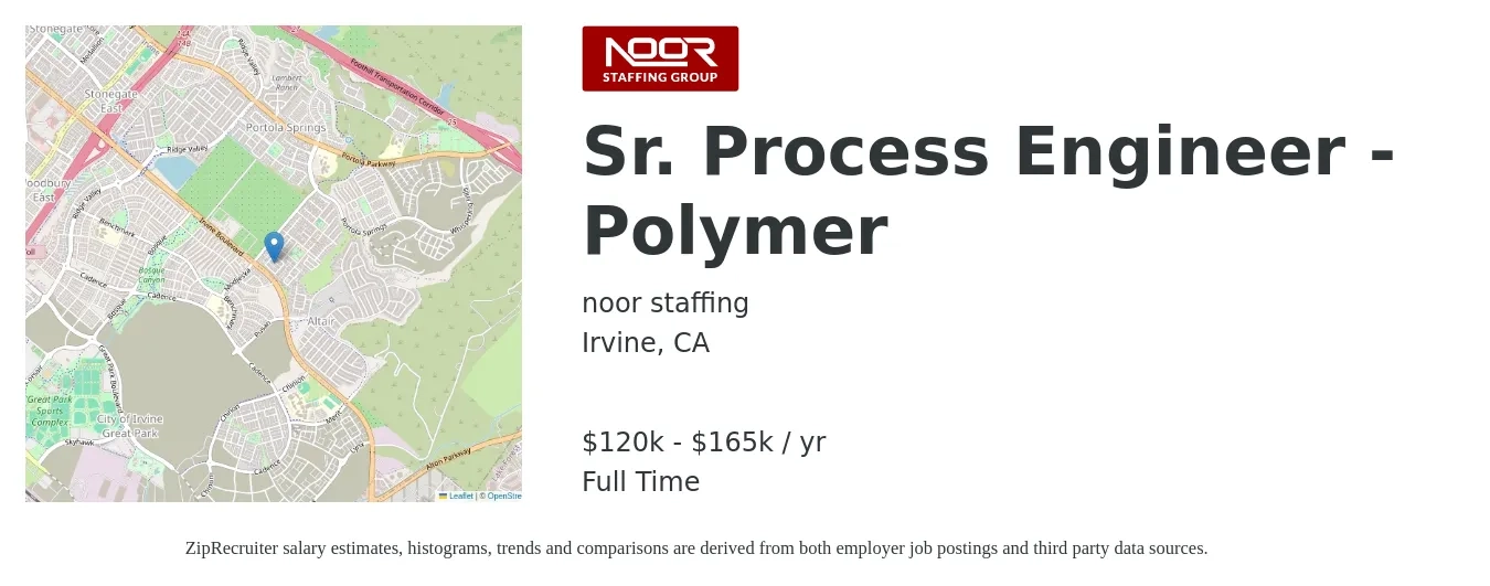 noor staffing job posting for a Sr. Process Engineer - Polymer in Irvine, CA with a salary of $120,000 to $165,000 Yearly with a map of Irvine location.